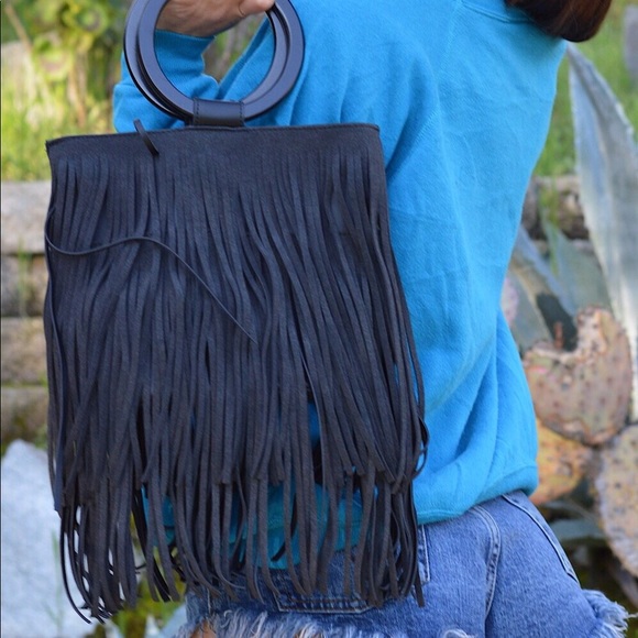Suede Fringe Bag with Wooden Handles - Picture 7 of 8